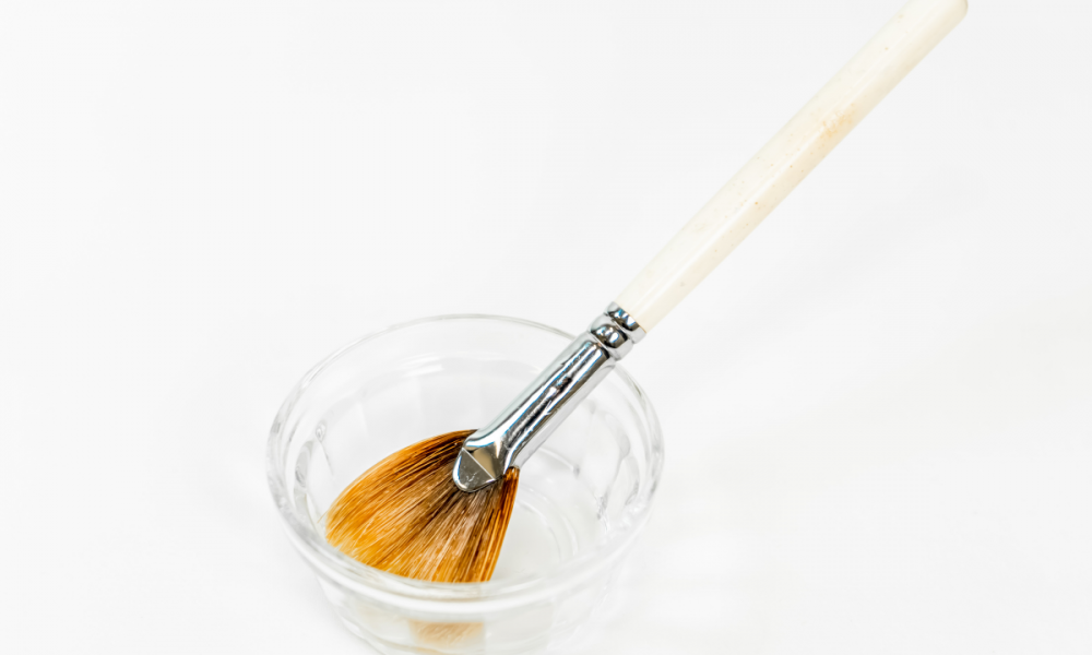 A fan-shaped applicator brush resting in a small glass bowl against a clean white background, representing a chemical peel treatment. Text overlay reads: "Is Summer the Right Time for a Chemical Peel? Here's What Dr. Obayan Wants You to Know." Nature of Skin Dermatology latest blog graphic.